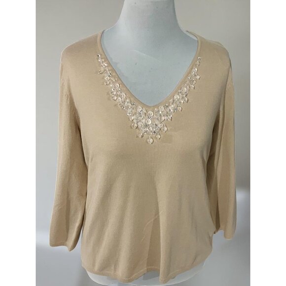 Ruby Rd Beige Relaxed Quarter Sleeve V-Neck Top Crystal Embellishments Medium - Picture 6 of 7